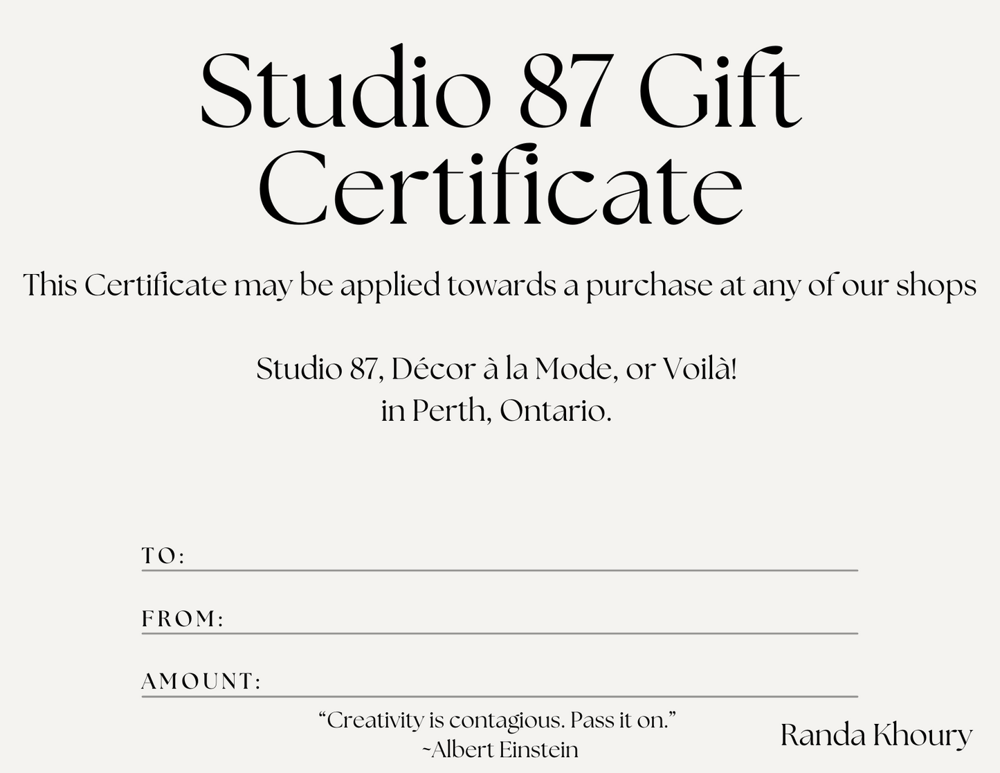 Studio 87 Gift Cards and Certificated